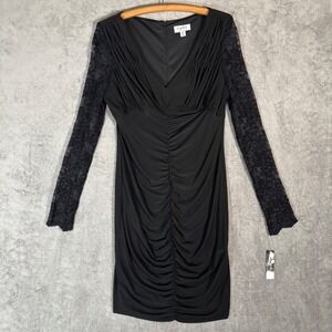 Sophia Christina Black Ruched Lace Long Sleeve V-Neck Sheath Dress Size 12 NEW